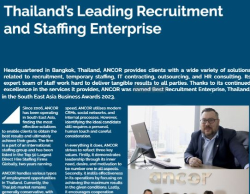 APAC Insider Magazine: ANCOR won the prestigious "Best Recruitment Enterprise 2023 - Thailand" award